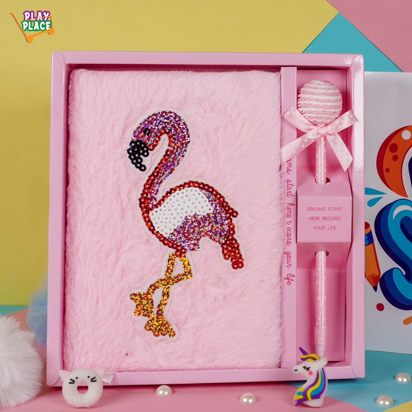 Pink Flamingo fur Diary with pen