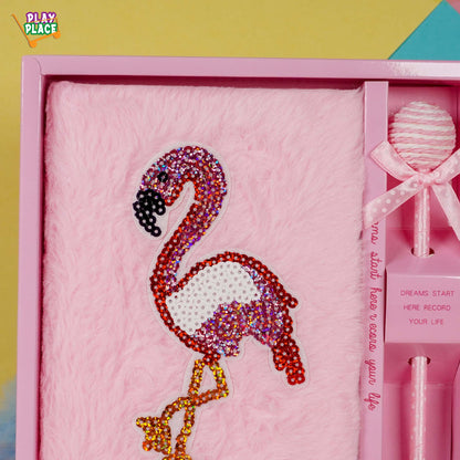 Pink Flamingo fur Diary with pen