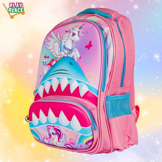 Unicorn and Shark School Bag Backpack for Kids - Light Pink