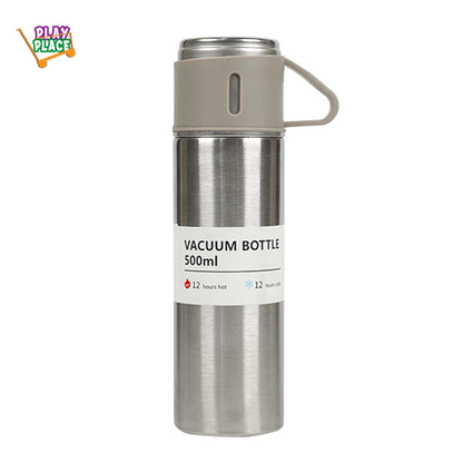Vacuum Bottle with 3 Cups (3 in 1) - 500ml Brushed Aluminium