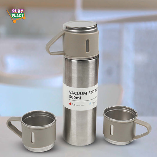 Vacuum Bottle with 3 Cups (3 in 1) - 500ml Brushed Aluminium